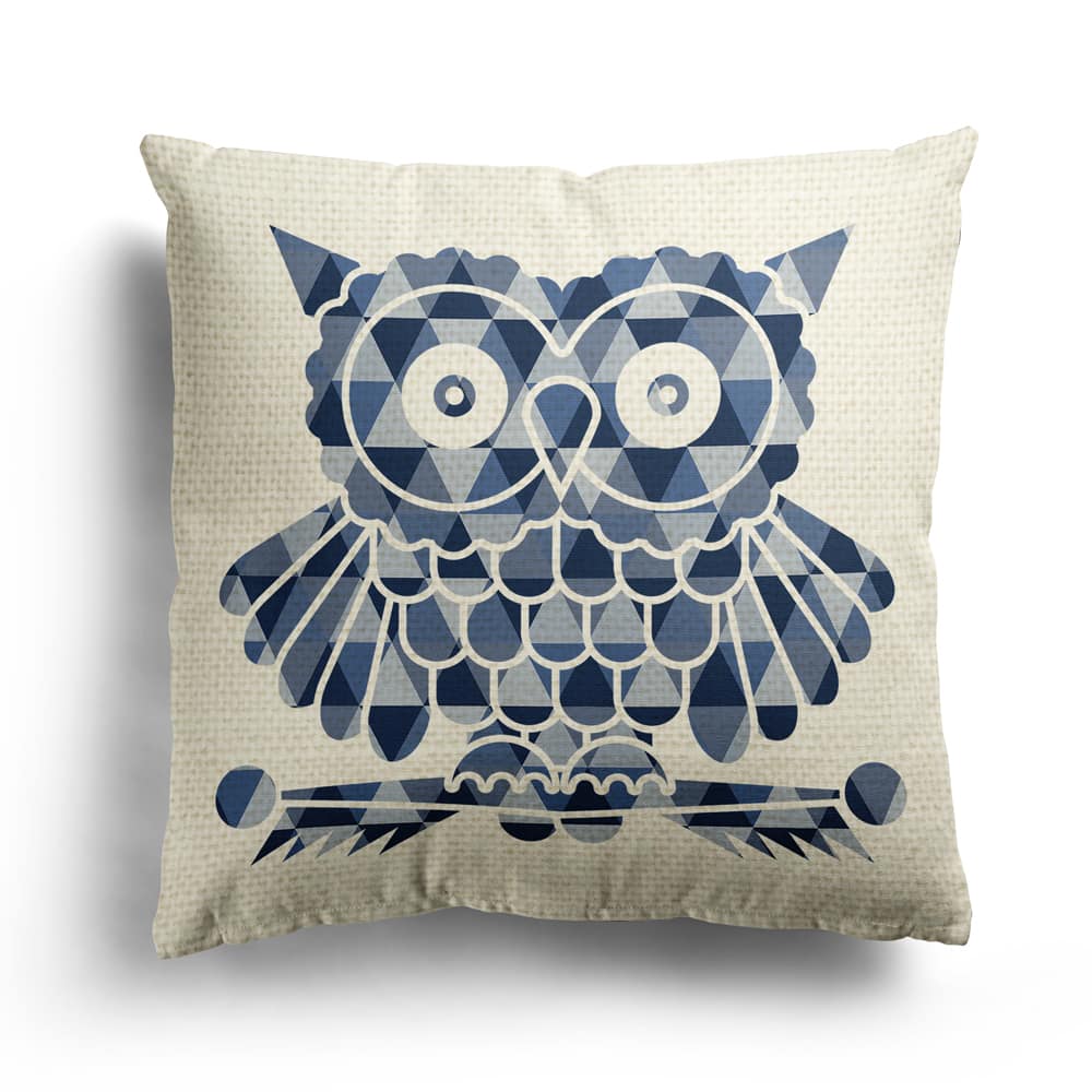 Water Resistant Printed Cushion - Owl - Blue Triangles Pattern