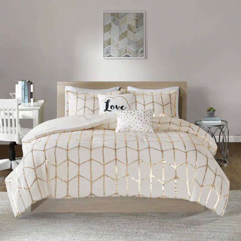 ID Khloe 5-Piece Ivory / Gold Comforter Set - Queen